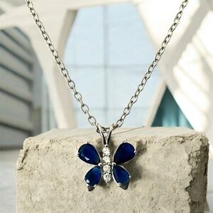 925 Sterling Silver Sapphire Blue Cubic Zirconia Butterfly Pendant Necklace